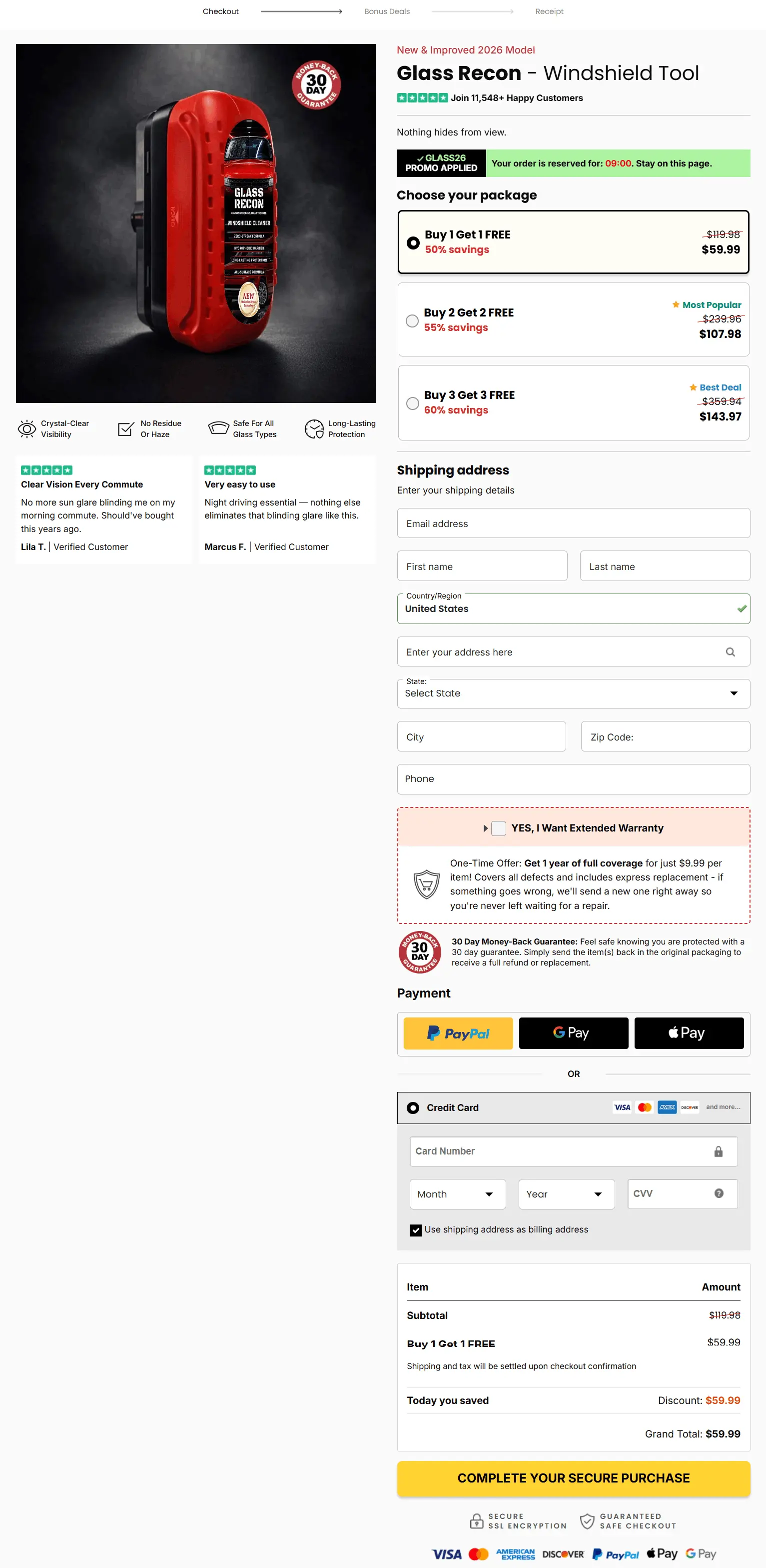 Glass Recon secure checkout page
